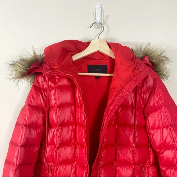 J. Crew Short Quilted Down Puffer Jacket with Faux Fur Trim Hood in Red - M - Picture 6 of 15